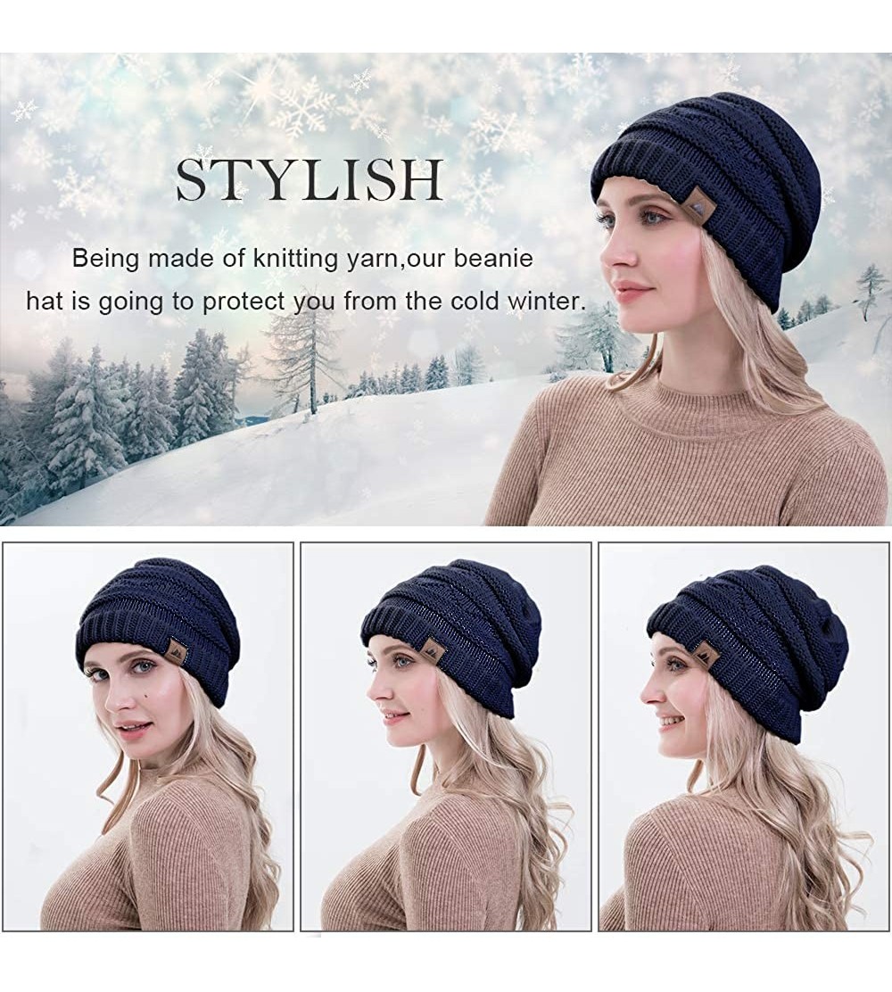 Women Winter Knit Beanie with Fur Pompom Slouchy Cozy Warm Hat Girl ...